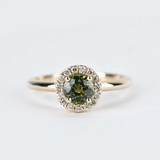 Vintage Modern Beauty, Natural Green Sapphire Engagement ring white diamond solid 14k yellow gold ring
