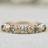 Vintage Rose Bud Ring Green sapphire Solid 14k Yellow Gold Wedding Band