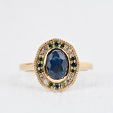 Art deco floral, solid 14k yellow gold engagement ring blue sapphire & color diamond ring