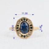 Art deco floral, solid 14k yellow gold engagement ring blue sapphire & color diamond ring