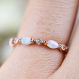 Australian White Opal and White Diamond Art Deco Ring 6 Solid 10k 14k Gold Wedding Band
