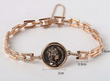 Queen Elizabeth Antique Coin with Art Deco link Bracelet, 14k Solid Rose Gold Daily Bracelet