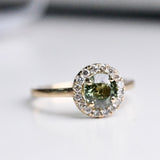 6mm Round Olive Green Sapphire Vintage Engagement Ring White Diamond Halo solid 14k Yellow Gold ring