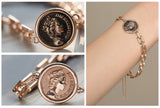 Queen Elizabeth Antique Coin with Art Deco link Bracelet, 14k Solid Rose Gold Daily Bracelet
