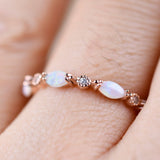 Australian White Opal and White Diamond Art Deco Ring 6 Solid 10k 14k Gold Wedding Band