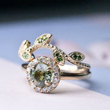 6mm Round Olive Green Sapphire Vintage Engagement Ring White Diamond Halo solid 14k Yellow Gold ring