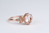 Pink-peach Oval Morganite Ring, Vintage Leaf Design Engagement Ring, white diamond solid rose gold ring
