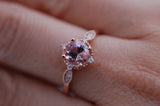 art deco floral vintage Engagement ring  6.5mm round pink morganite 14k solid rose gold ring