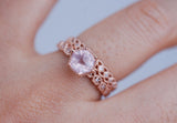 Hexagon Rose Quartz Engagement ring Diamond art Deco band 14k rose solid gold ring