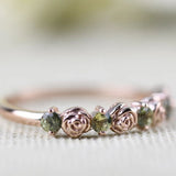 Vintage Rose Bud Ring Green sapphire Solid 14k Yellow Gold Wedding Band
