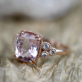 Vintage Cushion Cut Morgantie Solid 14k Rose Gold Engagement Ring