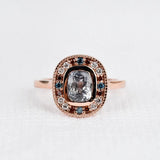 Vintage Light Gray Sapphire Engagement Ring Multi Diamond Halo Mil Grain 14k Rose gold Ring