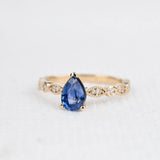 Blue Sapphire Pear Shape Engagement Ring Art Deco Style Diamond 14k Yellow Gold Ring