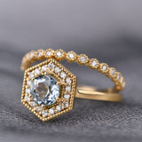 Round Aquamarine White Diamond Hexagon Halo 14k Solid gold Engagement Ring