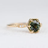 Art deco Hexagon, Green Sapphire Engagement Ring White diamond Solid 14k Yellow Gold Ring