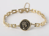 Queen Elizabeth Antique Coin with Art Deco link Bracelet, 14k Solid Rose Gold Daily Bracelet