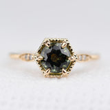 Art deco Hexagon, Green Sapphire Engagement Ring White diamond Solid 14k Yellow Gold Ring