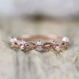 Art Deco Fresh Pearl and White Diamond Solid 14k Gold Wedding Band
