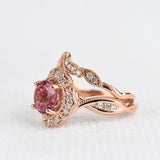 The queen of Floral Pink Tourmaline engagement ring , White diamond 14k Rose Gold Vintage Ring