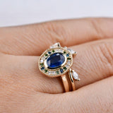 Art deco floral, solid 14k yellow gold engagement ring blue sapphire & color diamond ring