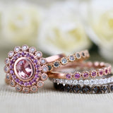 Special Baby Pink Sapphire Double Halo White Diamond Solid 14k Rose Gold Engagement Ring