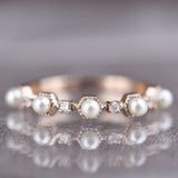 Art Deco Honeycomb Design Creamy White Fresh pearl and Diamond 14k Solid Gold Ring