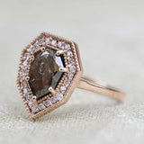 Kite Brown Diamond Vintage Ring 14K Solid Rose Gold White Diamond Halo Engagement Ring