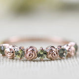 Vintage Rose Bud Ring Green sapphire Solid 14k Yellow Gold Wedding Band
