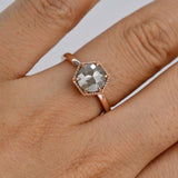Gray Diamond Engagement ring Hexagon Art deco, Solid 14k rose gold ring