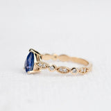Blue Sapphire Pear Shape Engagement Ring Art Deco Style Diamond 14k Yellow Gold Ring