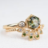 Art Deco Green Sapphire Hexagon Engagement Ring 14k Solid Yellow Gold Diamond  Ring