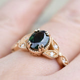 Olive Green Sapphire Floral Engagement Ring. Solid 14k Yellow Gold White Diamond Ring
