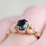 Olive Green Sapphire Floral Engagement Ring. Solid 14k Yellow Gold White Diamond Ring