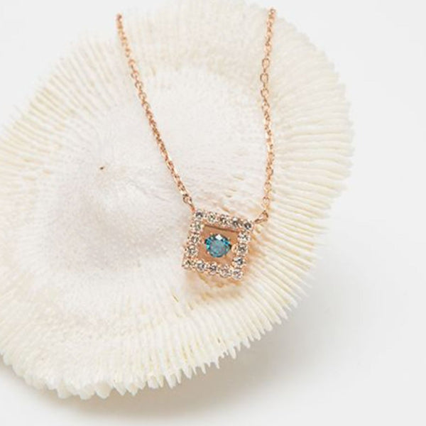 Dancing Blue Diamond Square halo 14k Rose Gold Daily Necklace