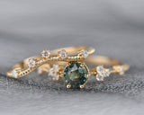 Stunning Green Sapphire and White Diamond 14K Solid Yellow Gold Floral Bridal Set