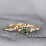 Stunning Green Sapphire and White Diamond 14K Solid Yellow Gold Floral Bridal Set