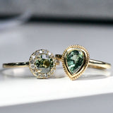 6mm Round Olive Green Sapphire Vintage Engagement Ring White Diamond Halo solid 14k Yellow Gold ring