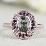 Art deco floral, solid 14k yellow gold engagement ring vintage olive green sapphire & multi diamond ring