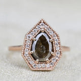 Kite Brown Diamond Vintage Ring 14K Solid Rose Gold White Diamond Halo Engagement Ring