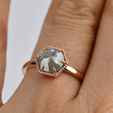 Gray Diamond Engagement ring Hexagon Art deco, Solid 14k rose gold ring