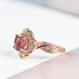 The queen of Floral Pink Tourmaline engagement ring , White diamond 14k Rose Gold Vintage Ring