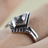 Salt and pepper Kite Diamond Double Shank Ring Black Diamond Halo 14k Solid Gold Attached Bridal Set