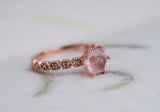 Hexagon Rose Quartz Engagement ring Diamond art Deco band 14k rose solid gold ring