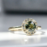 6mm Round Olive Green Sapphire Vintage Engagement Ring White Diamond Halo solid 14k Yellow Gold ring