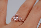 Pink-peach Oval Morganite Ring, Vintage Leaf Design Engagement Ring, white diamond solid rose gold ring