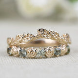 Vintage Rose Bud Ring Green sapphire Solid 14k Yellow Gold Wedding Band