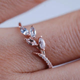 Gorgeous vintage aquamarine leaf and white diamond band rose gold yellow gold wedding band
