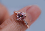 art deco floral vintage Engagement ring  6.5mm round pink morganite 14k solid rose gold ring