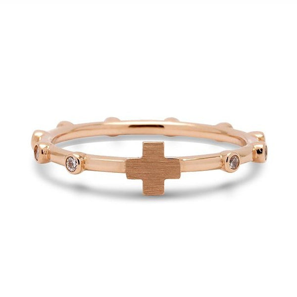 Art deco Cross Rosary Ring Solid 14k  Rose Gold White Diamond ring