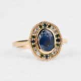 Art deco floral, solid 14k yellow gold engagement ring blue sapphire & color diamond ring